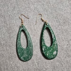 Handmade Artistic / Eclectic Blue Speckled Wood Open Teardrop Dangle Earrings